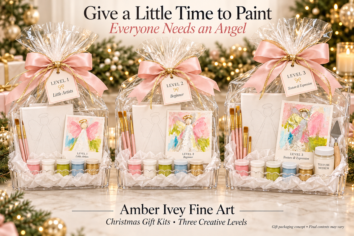 Gift packaging concept for three angel painting kit levels. Final contents may vary.