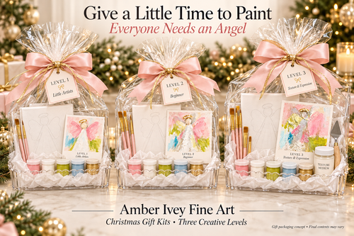 Gift packaging concept for three angel painting kit levels. Final contents may vary.
