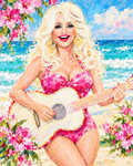 Beach Dolly in a pink swimsuit playing guitar beside turquoise waves and bright pink flowers