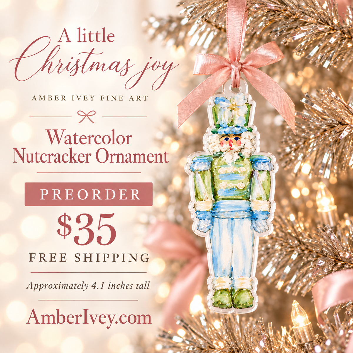 Watercolor nutcracker acrylic ornament with blush bow on silver foil Christmas tree. Preorder $35 with free shipping.